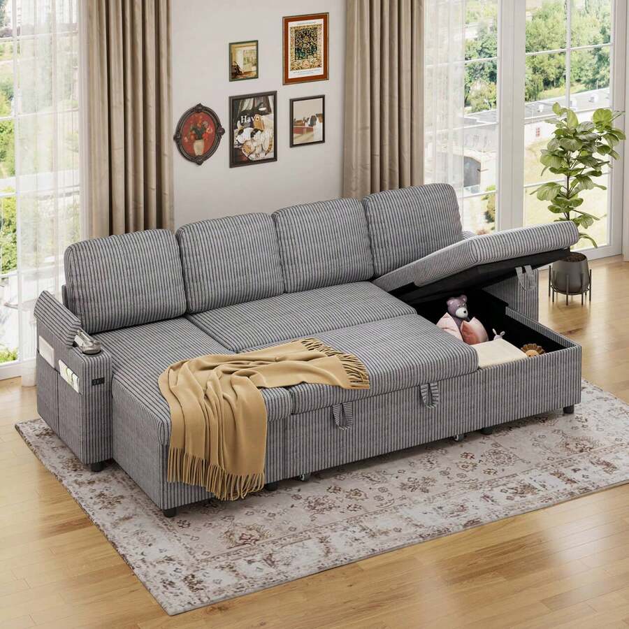 Corner Sofa Bed, U-Shaped Sleeper Sectional Couch Bed, 3-In-1 Corduroy Convertible Pull Out Sofa Bed With Adjustable Backrest, Storage And Cup Holder For Living Room, Dark Grey - 4-seater U-shaped Corduroy Dark Gray - View 1