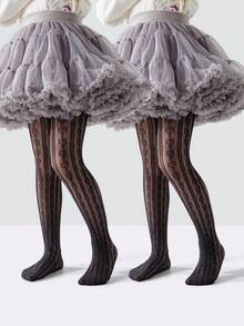 1/2件装 女童公主黑色爱心镂空网眼连裤袜，透气柔软，适合日常穿着、节日、情人节 - 黑色 - 查看 5