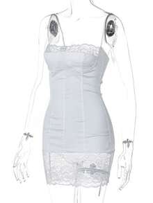 Lace Trim Paneled Sexy Y2K Dress Slim-Fit Waist-Cinched Bodycon Spaghetti Strap Gown - trắng - Xem 6