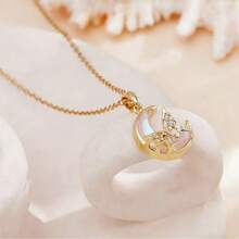 1pc Elegant Lightweight Luxury Cubic Zirconia Butterfly & Moon Pendant Stainless Steel Necklace, Suitable For Girls, Fashion For Holiday Party, Christmas, Date And Daily Wear