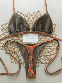 两件套全印花露背系带比基尼泳衣，性感迷人，适合夏季假期在海滩、舞台和音乐会等场合穿着。 - 橘色 - 查看 2