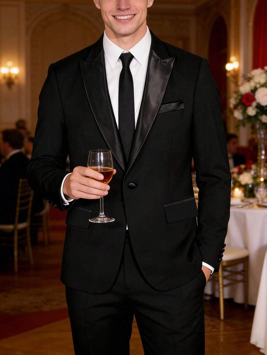 2pcs Black Italian Banquet Notched Collar Suit Set, Formal Hosting Attire, Wedding Tuxedo Jacket + Pants - Black - View 1
