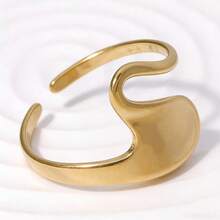 COINBUFF 1pc Minimalist Wavy Line Stainless Steel Plated Gold Adjustable Non-Fading Ring, Suitable For Daily Wear And Holiday Gifts - As Shown - View 4