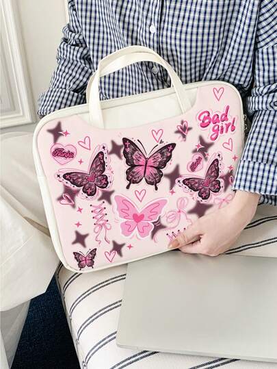 1pc Cool Pink Butterfly 16/15/14 Inch Laptop Bag, Lightweight Fashionable PU Leather Waterproof Padded Shockproof Laptop Storage Bag, Essential For College Students And Lightweight Travel