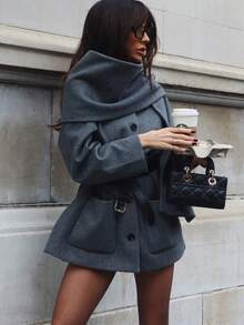 女士时尚围巾式外套，复古英伦风羊毛大衣，单排扣设计，配有优雅口袋，冬季街头风外套 - 灰色 - 查看 3