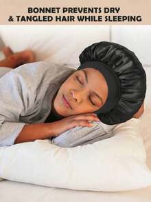 2pcs/1pc Silk Sleep Cap, Satin Hair Cap, Women Wide Brim High Elasticity Cap, Satin Sleep Cap, High-End Satin Hair Care Cap, Curly Hair Silk Headband (Black And Gold) Hair Sleep Cap - Multicolor - View 7