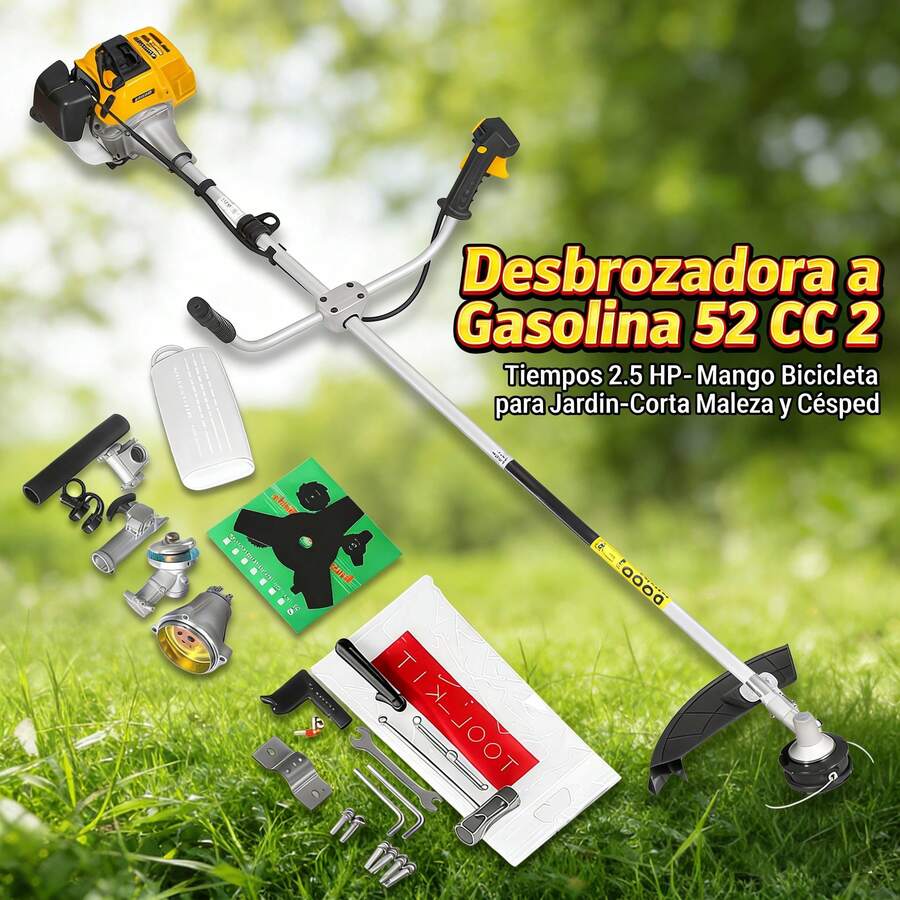 Desbrozadora Multifuncional 2.5 HP - Mango Ergonómico - Herramienta de Jardinería Alta Potencia/Desbrozadora a Gasolina 52 CC 2 Tiempos 2.5 HP - Mango Bicicleta para Jardín - Corta Maleza y Césped - Naranja - Ver 1