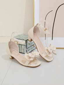 Girls' Summer High Heel Sandals, Versatile Beige, Buckle Closure, Double-Layer Rhinestone Trim Bow, Square Toe, Suitable For School Performance, Princess Party - Beige - View 1