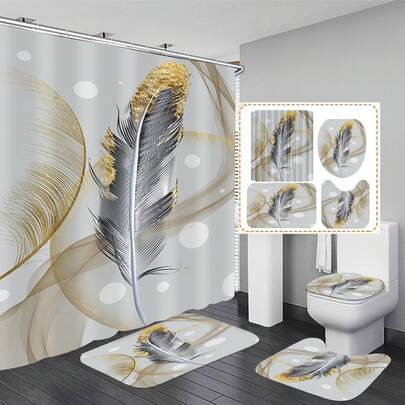 1pc/3pcs/4pcs Minimalist Marble Feather Shower Curtain Set, Toilet Seat Cushion Floor Mat Set, Modern Minimalist Feather Printed Shower Curtain, Perfect For Bathroom Decoration, Universal Room Decoration, Home Decoration Set, Bathroom Accessories Bathtub Curtain, Toilet Seat Cushion Shower Curtain Set