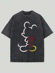 Official Disney Authorized Men's Mickey Mouse Line Art Print T-Shirt-100% Cotton Soft Short-Sleeved Round Neck Shirt, Elegant And Versatile Summer Casual Wear, Disney Shirt, Daily Fashion, Comfortable Fit, Retro Washed T-Shirt. - Black - View 1