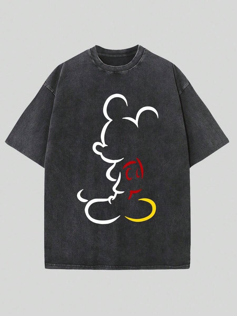 Official Disney Authorized Men's Mickey Mouse Line Art Print T-Shirt-100% Cotton Soft Short-Sleeved Round Neck Shirt, Elegant And Versatile Summer Casual Wear, Disney Shirt, Daily Fashion, Comfortable Fit, Retro Washed T-Shirt. - Black - View 1