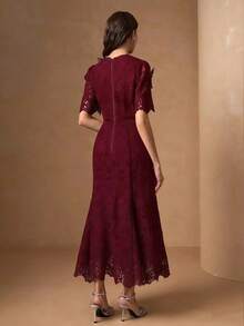 Đầm dạ hội mùa hè thanh lịch, sang trọng dành cho nữ, cổ tròn, đính ren, khóa kéo sau lưng. - Màu Đỏ Sâu - Xem 2