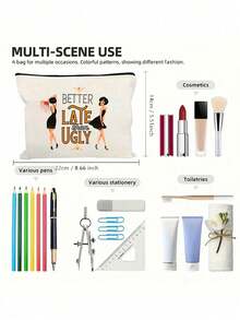 “迟到总比不到好”化妆品和洗漱用品收纳包 - 红色和金色复古少女设计，带有标语，轻便可折叠拉链包，化妆品和洗漱用品收纳包，拉链化妆包，轻便零钱包，洗漱包，储物袋，旅行配件，购物佳品，用途广泛，适合旅行，送给女友、妻子、闺蜜的可爱礼物，情人节和斋月礼物 - 彩色 - 查看 10