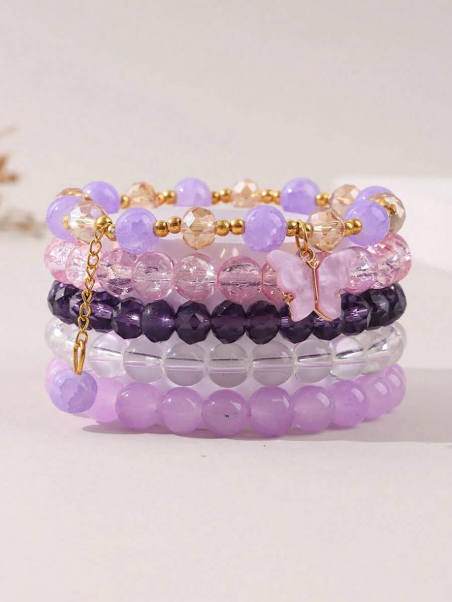 5pcs Women's Bohemian Bracelets, Multi-Layer Colorful Beaded Bracelets & Butterfly Bracelets - 5-piece Purple Five-piece Set - View 1