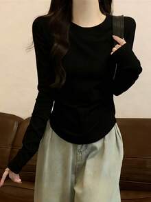 春秋季韩版优雅修身圆领褶皱长袖T恤打底衫 - 黑色 - 查看 4