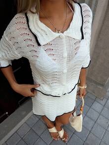 2pcs Women's Minimalist Elegant Knit Sweater Set, Chic Campus Style, Spring/Summer - White - View 6