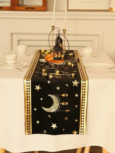 1pc Ramadan Velvet Gold Foil Table Runner, Star & Crescent Moon Track Table Runner, Ramadan Table Decor, Suitable For Home, Restaurant, Dining Table Decoration, Home Goods, Gift