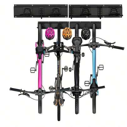 Soporte de Pared para Bicicletas de Alta Resistencia - Almacenamiento para 4 Bicicletas, Organizador de Garaje de Metal Negro con Múltiples Ganchos, Ideal para Bicicletas de Carretera y Montaña
