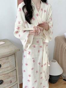 女士浴袍，和服式睡衣，简约欧式长袖浴袍，甜美可爱，尺码齐全，粉色蝴蝶结装饰，轻盈纯色睡衣，时尚家居服，温暖冬日家居装饰