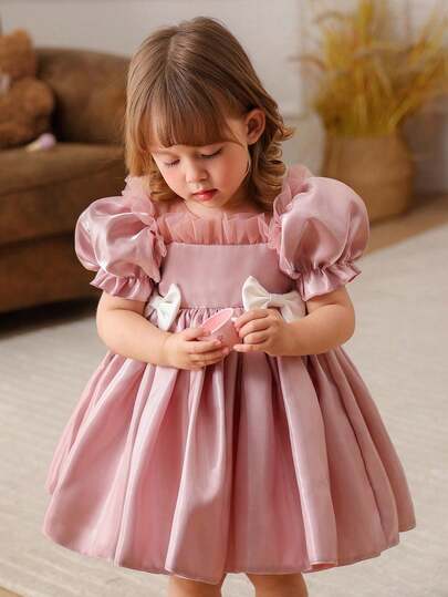 Baby Girl Bowknot Puff Sleeve Peplum Dress, Princess Party Dress For Little Girls, Suitable For Birthday Party, Pageant, Flower Girl, Bridesmaid, Wedding, Holiday Celebration