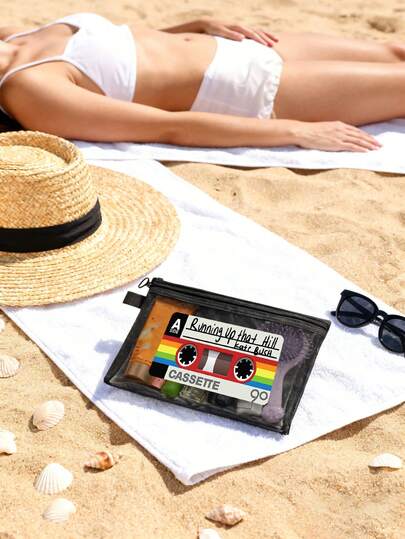 胶带图案主题旅行化妆包 - 透明网格收纳袋，带拉链，防水轻便，大容量，适合日常使用的精美化妆包