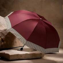 1把10骨黑色雨伞，两用折叠伞，格子饰边，促销印花雨伞