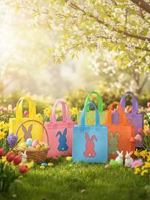 2/5/10/20个装复活节派对手提袋，无纺布材质，可重复使用，兔子图案，结实耐用的提手和加固底部 - 适用于复活节礼物、派对回礼、可折叠杂货袋、收纳袋、派对袋、礼品包装 - A - 查看 6