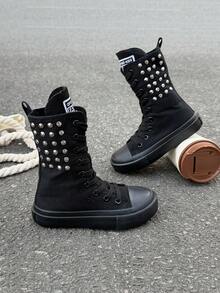 OPOEE帆布鞋，儿童中帮运动鞋，春秋季韩版，男女通用，时尚低帮休闲系带运动鞋，经典高帮运动鞋，百搭休闲运动滑板鞋 - 黑色 - 查看 3