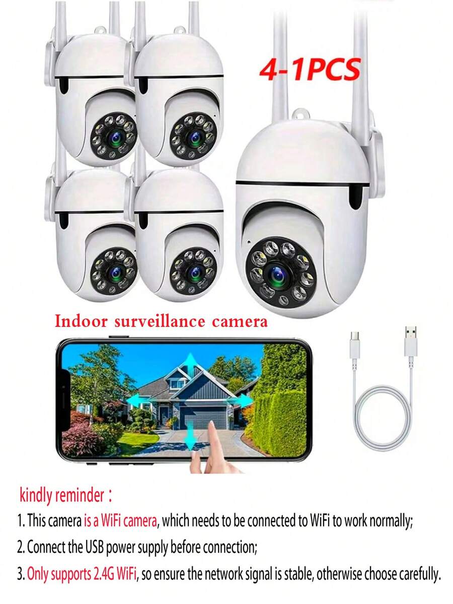 1/2/4pcs 2.4G WiFi Security Camera, Home Security Monitoring Device With 360° Panoramic View, Two-Way Audio, AI Motion Detection & Night Vision, Remote Control Via App, Suitable For Indoor Use - Multicolor - View 1