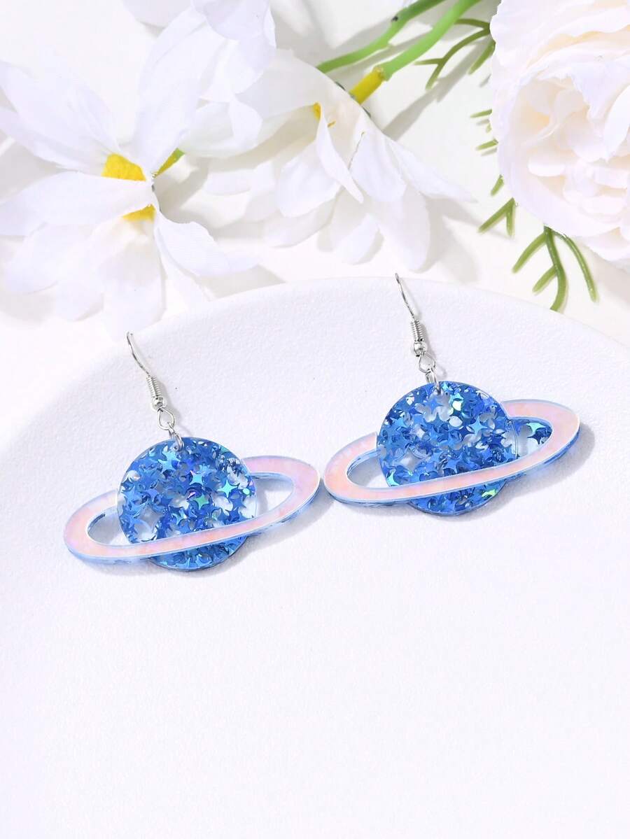 1对时尚简约创意星形亮片太空行星吊坠耳环，激光镂空亚克力耳坠，适合女性日常佩戴和参加派对，四季皆宜 - 耳環 - 查看 1