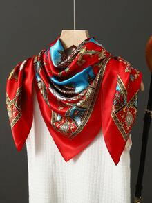 1pc Light Blue Printed 90cm Square Scarf, Casual Headscarf, Travel Sun Protection Headwrap, Party Gift For Dress