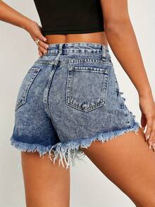 Shorts vaqueros de mujer con dobladillo deshilachado y agujeros rasgados, cierre de botón versátil de moda, jeans ajustados sin estiramiento, casuales - Azul - Ver 5