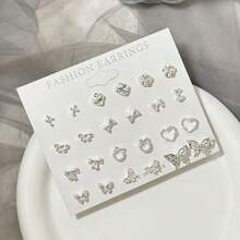 12 Pairs Small Bow & Heart Stud Earrings Set, Fashionable Elegant Versatile, Suitable For Daily Wear, Ideal Gift For Holidays - Silver - View 2