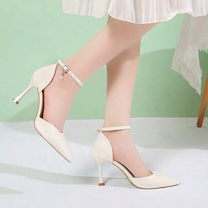 Women's Elegant Solid Color High Heels With One-Piece Buckle, Fashionable And Comfortable For Office And Formal Occasions, Sexy Wedding Heels With Rhinestones