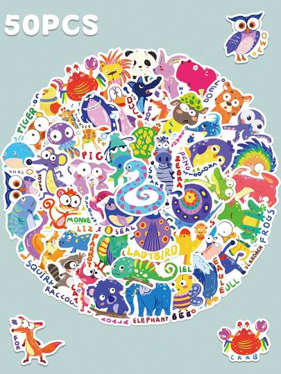 50张彩色卡通可爱动物贴纸，适用于日记本、手机、iPad、笔记本电脑、滑板、剪贴簿、杂志装饰（不易脱落）
