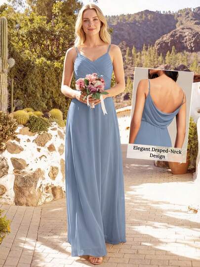 Sexy Spaghetti Strap V-Neck Backless Evening Dress, Casual & Fashionable, Suitable For Daily Wear, Blue Bridesmaid Dress, Wedding Guest Dress