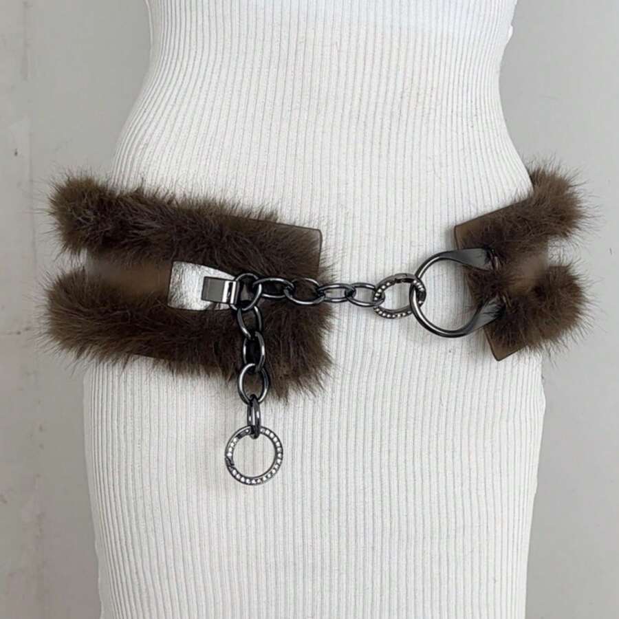 1 PCS Brown Faux Fur Chain Waist Belt - "Y2K Grunge Glam" Statement Belt For Streetwear & Party Outfits - Màu đen (18 mắt xích trên dây chuyền) - Xem 1