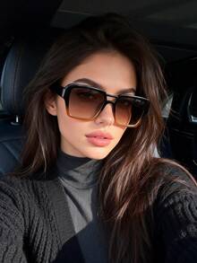 1副复古双梁方形时尚眼镜，女士款，时尚街头风 - 黑框漸茶片 - 查看 3