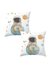 1/2/4pcs Space Adventure Throw Pillow Covers, 17.7" X 17.7", Cartoon Astronaut & Rocket Design, Zippered Polyester Cushion Cases For Contemporary Home Decor - Machine Washable, Insert Not Included, Decorative Pillow - Multicolor - View 17