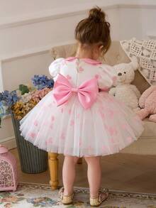 Baby Girls' Pink Round Neck Puff Sleeve Bow Tulle Elegant Princess Dress, Cute Party Dress Suitable For Girls' Birthday, Valentine's Day, Wedding, Banquet, Holiday Celebration - Pink - View 2