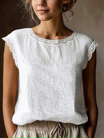 Vintage Linen Blend Short Sleeve Top For Women, Lace Patchwork Round Neck Loose Fit Breathable Linen Blend T-Shirt, Summer