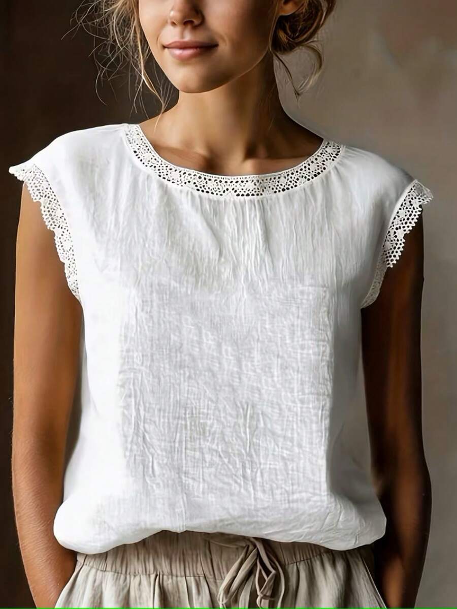 女士复古亚麻混纺短袖上衣，蕾丝拼接圆领宽松透气亚麻混纺T恤，夏季白色 - 白色 - 查看 1