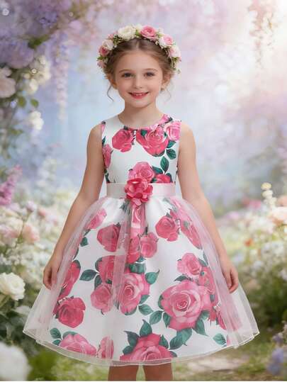 Sleeveless Printed Princess Dress, Children's Formal Dress For Wedding, Birthday Party, Recital, Flower Girl