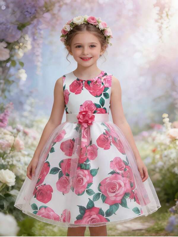Sleeveless Printed Princess Dress, Children's Formal Dress For Wedding, Birthday Party, Recital, Flower Girl