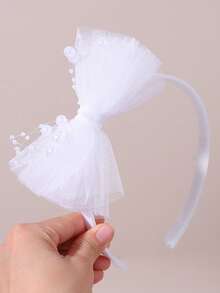1pc White Mesh Bow Headband Pearl And Bead String Bow Hair Hoop Fairy Style Bow Hair Band For Daily& Party Teens Hair Accessories - White - View 6