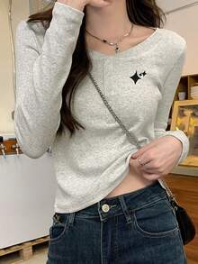 American Raglan Long Sleeve T-Shirt For Women, Minimalist Design, Layering Crop Top, Spring/Autumn - Grey - View 3