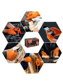 30 sztuk dwustronnych, bezpudrowych, bezlateksowych i bezwypadkowych rękawic ochronnych o grubości 10 mil, z wytłoczonym wzorem w romby, odpowiednich do konserwacji maszyn przemysłowych, czyszczenia, tatuowania i innych zastosowań. Wytrzymałe, jednorazowe, czarno-pomarańczowe rękawice robocze z nitrylu, dostępne w wielu rozmiarach, profesjonalne rękawice ochronne do użytku domowego. - Rękawice konserwacyjne. - Zobacz 7