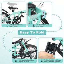 20 Inch Folding Bike For Adults With Basket Phone Holder And Fenders Steel Frame 6-Speed City Commuter Dual V-Brake Portable Compact Bicycle For Men And Women - Green + Steel + Garden & Outdoor1 - View 5