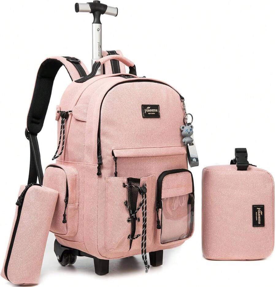 Kids Rolling Backpack With Wheels Unisex Suitcase Carry On Luggage For Elementary Middle High School Students - 粉紅色2 - 查看 1