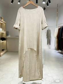 Women's Linen Irregular Long Top, Round Neck Loose Shirt, Lightweight And Breathable, Layered And Stylish, Retro High-Low Hem, Versatile And Fashionable Top For Spring And Summer. - 杏色 - 查看 3